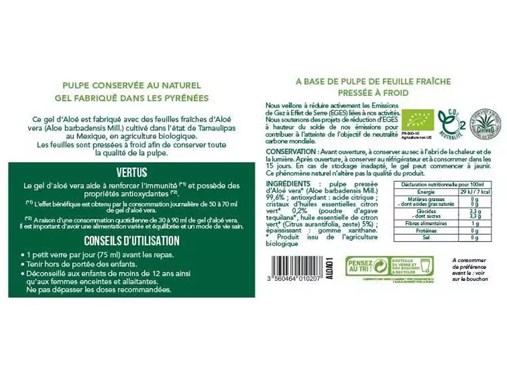 Gel à boire Aloé Véra et Citron Vert 1L