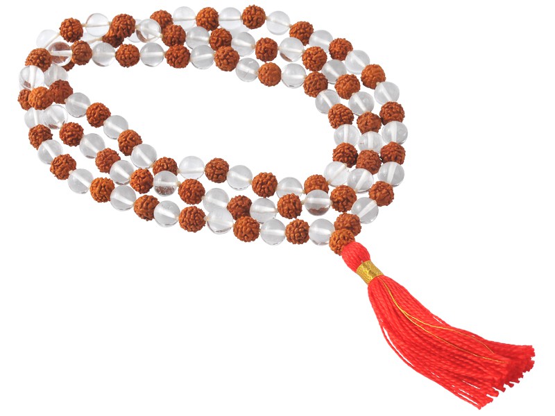 Mala 108 perle 8mm Cristallo di rocca e Rudraksha
