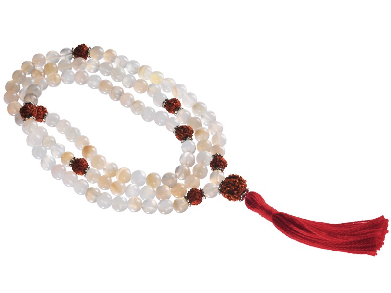 Mala 108 perle 8mm Pietra di luna e Rudraksha