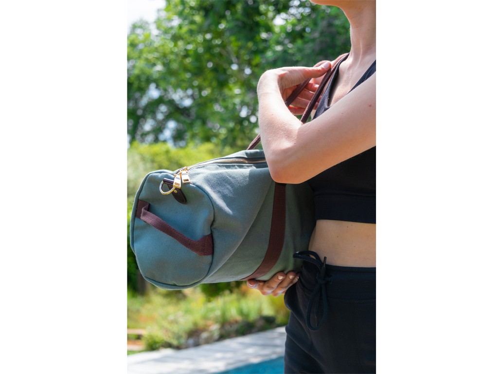Borsa porta tappetino yoga robusta in cotone biologico e pelle vegana - Blu caldo 20 cm x 70 cm