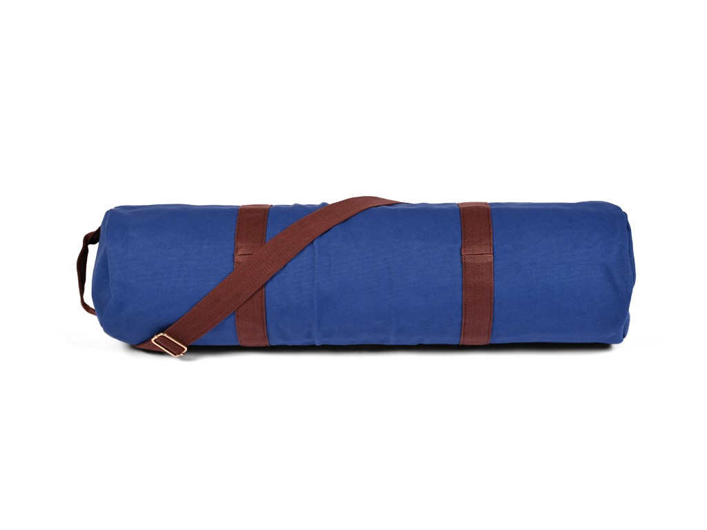 Rugged Yoga Mat Bag in Organic Cotton and Vegan Leather - Warm Blue 20 cm x 70 cm