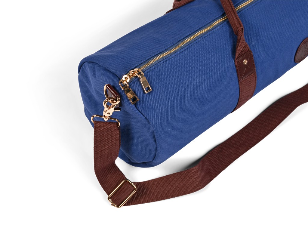 Rugged Yoga Mat Bag in Organic Cotton and Vegan Leather - Warm Blue 20 cm x 70 cm