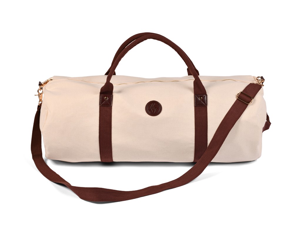 Bolsa para esterilla de yoga de exterior de algodón orgánico y piel vegana - Color crudo 30 cm x 70 cm