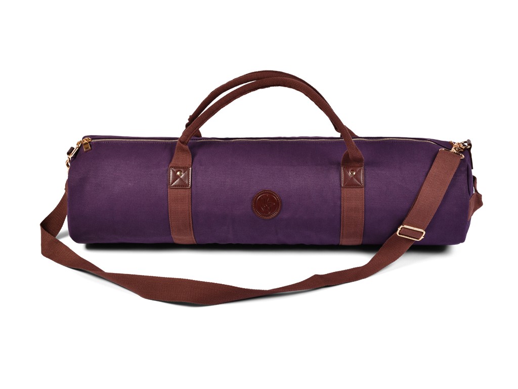 Bolsa para esterilla de yoga Adventurer en algodón orgánico y cuero vegano - Ciruela 20 cm x 70 cm