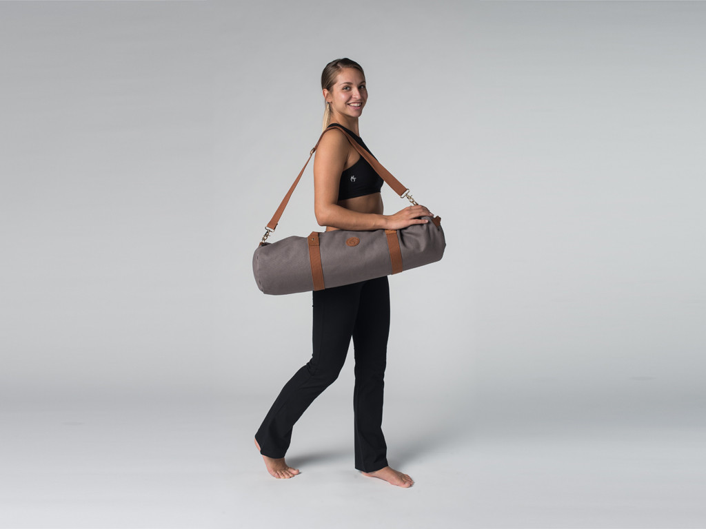 Marineblaue Tasche für Yogamatten – taupefarbene Baumwolle 70cm x 20cm