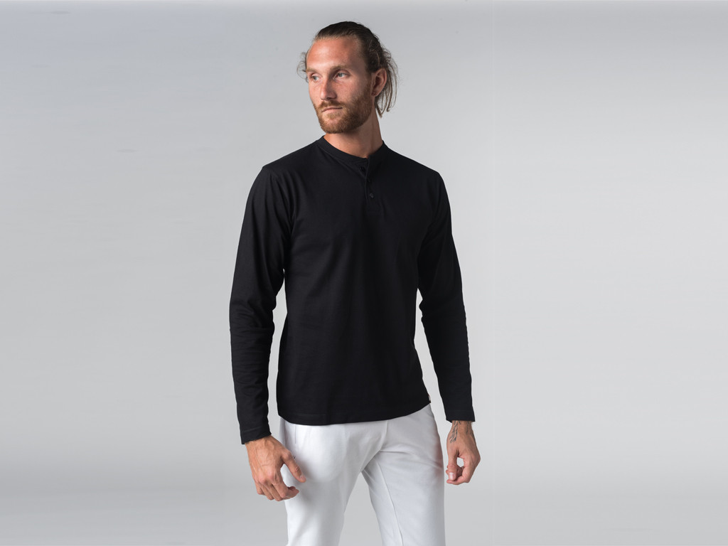 T-shirt manches longues 100% coton Bio Col 3 Boutons - Noir - Fin de Serie
