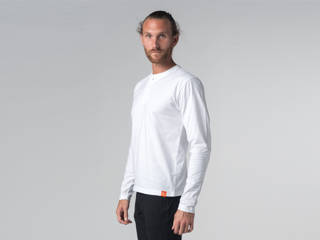 T-shirt a maniche lunghe 100% cotone organico Colletto a 3 bottoni - Bianco - Fine serie