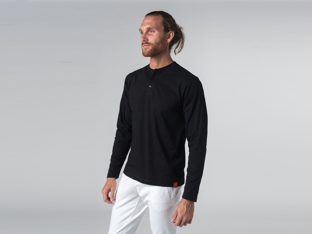 T-shirt manches longues 100% coton Bio Col 3 Boutons - Noir - Fin de Serie