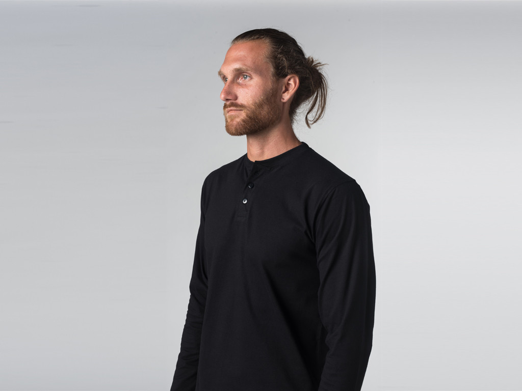T-shirt manches longues 100% coton Bio Col 3 Boutons - Noir - Fin de Serie