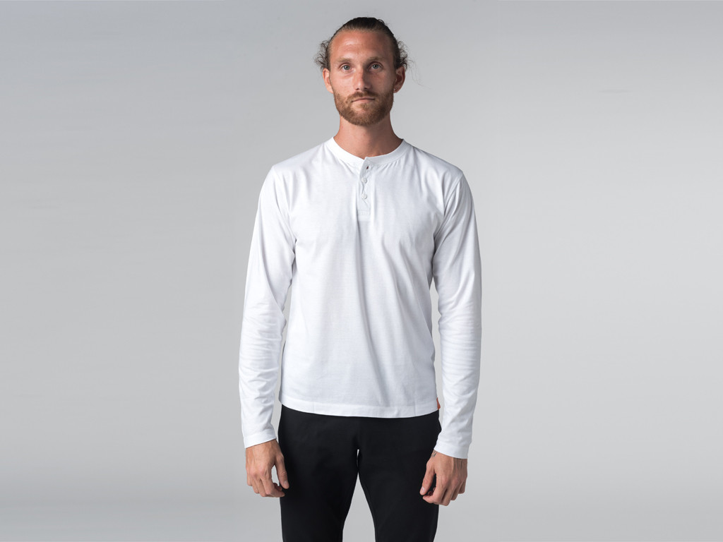 T-shirt Manches longues 100% coton Bio Col 3 Boutons - Blanc - Fin de Serie