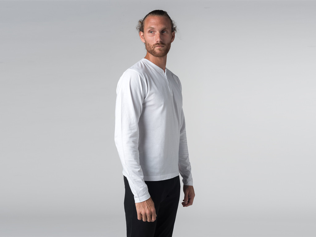 T-shirt Manches longues 100% coton Bio Col 3 Boutons - Blanc - Fin de Serie