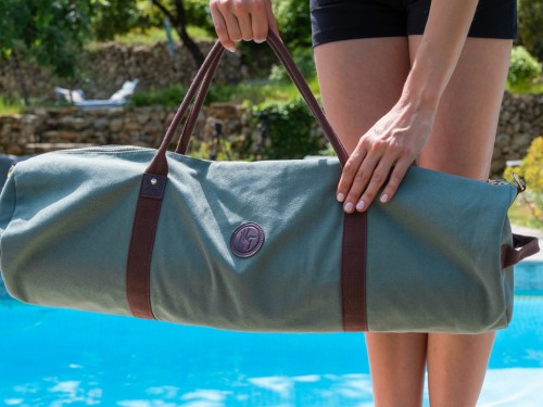 Borsa porta tappetino da yoga per esterni in cotone biologico e pelle vegana - color kaki