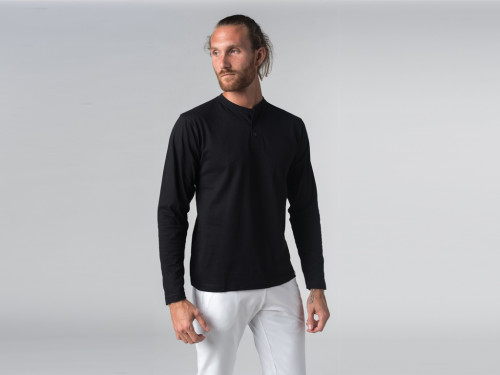 Article de Yoga T-shirt manches longues 100% coton Bio Col 3 Boutons - Noir - Fin de Serie