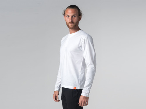T-shirt Manches longues 100% coton Bio Col 3 Boutons - Blanc - Fin de Serie