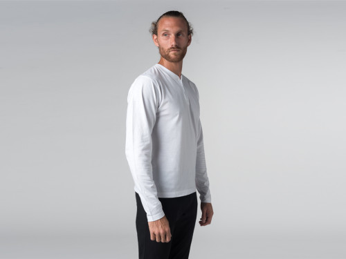 Article de Yoga T-shirt Manches longues 100% coton Bio Col 3 Boutons - Blanc - Fin de Serie