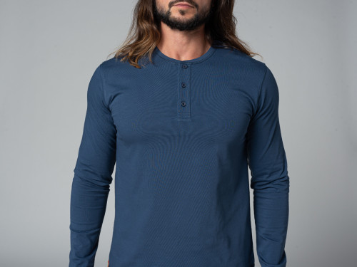 Article de Yoga T-Shirt TAPAN 3 boutons 100% Bio Bleu